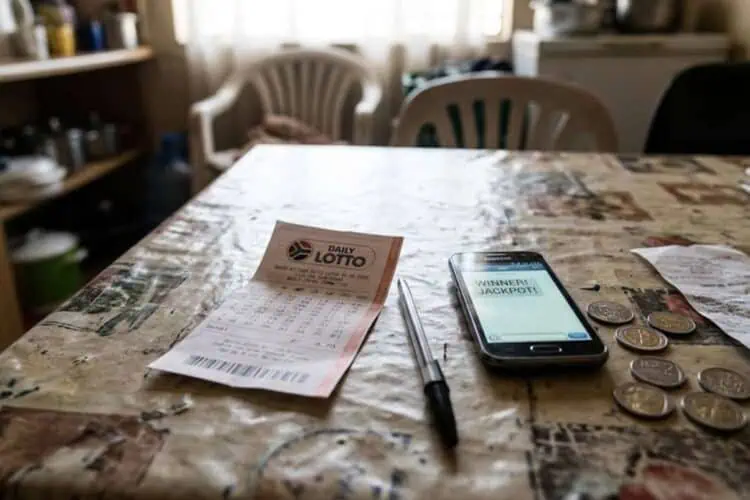 image of a Daily Lotto ticket on a table with South African rand coins and a smartphone on a table.